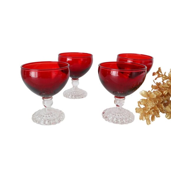 4 Royal Ruby Boopie Glasses Glass Stemware 1950's Vintage Anchor Hocking - Picture 1 of 5